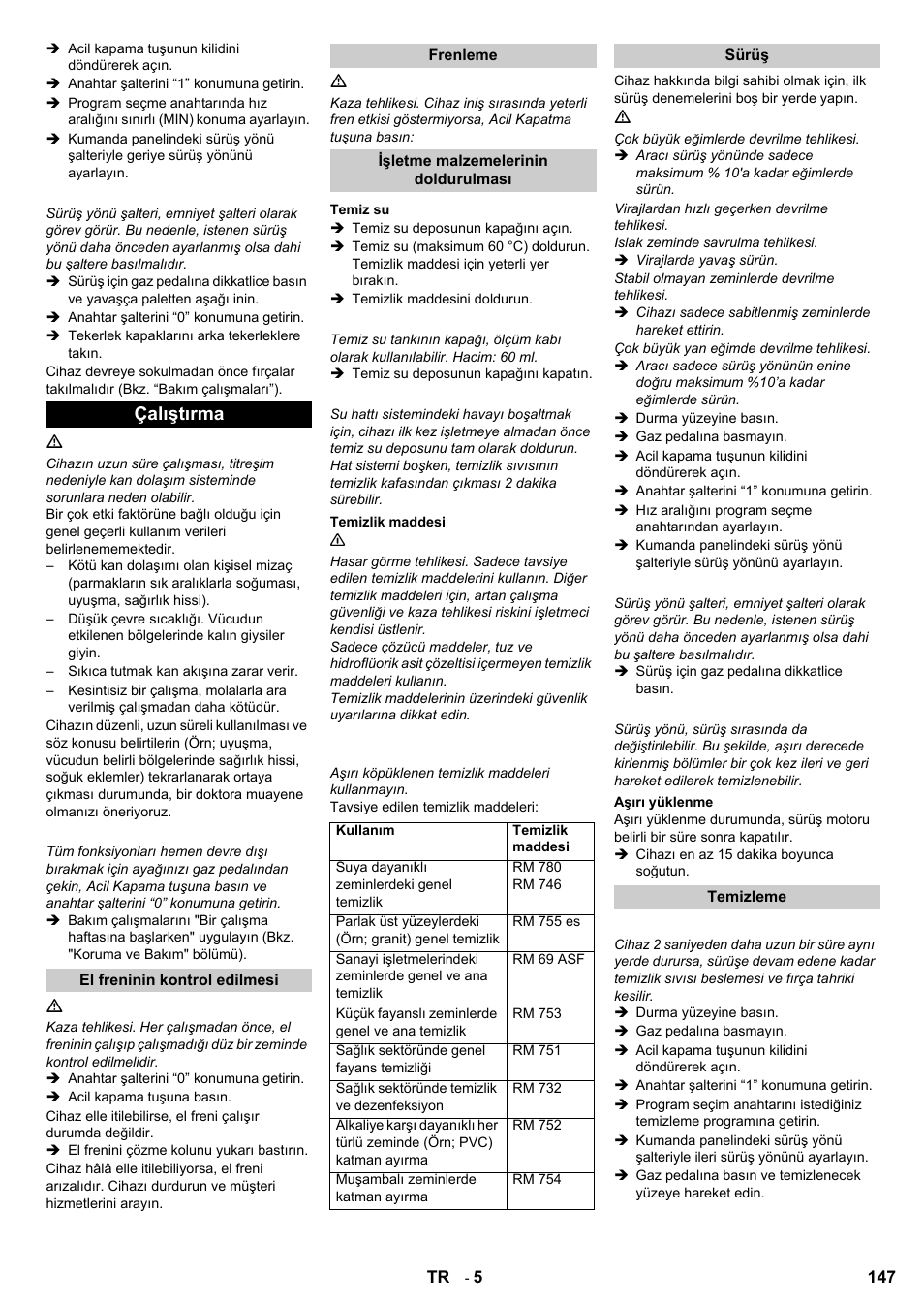 Çalıştırma | Karcher B 95 RS Bp wet User Manual | Page 147 / 324
