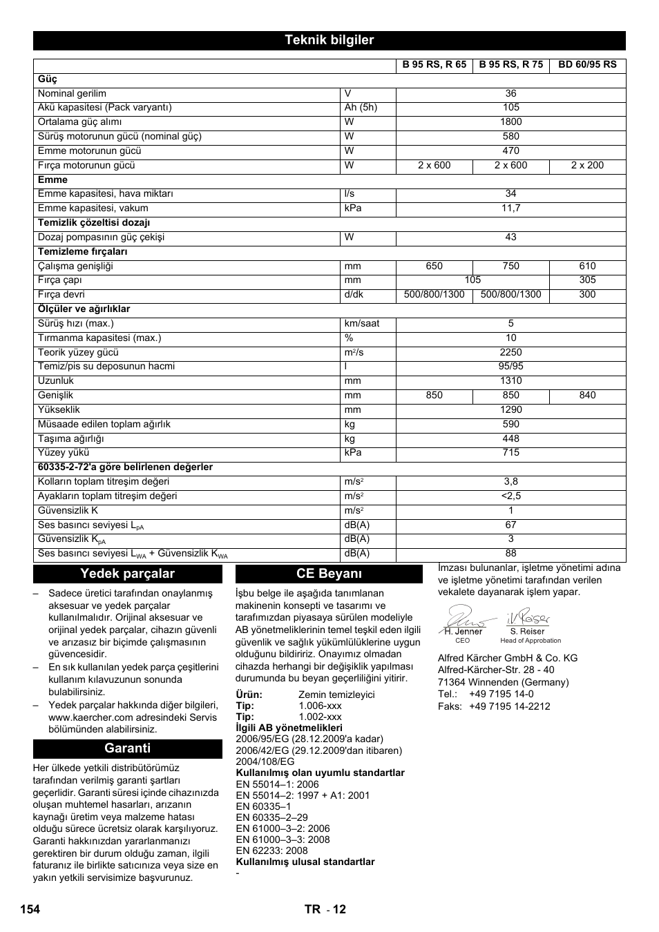 Teknik bilgiler, Yedek parçalar garanti ce beyanı | Karcher B 95 RS Bp wet User Manual | Page 154 / 324
