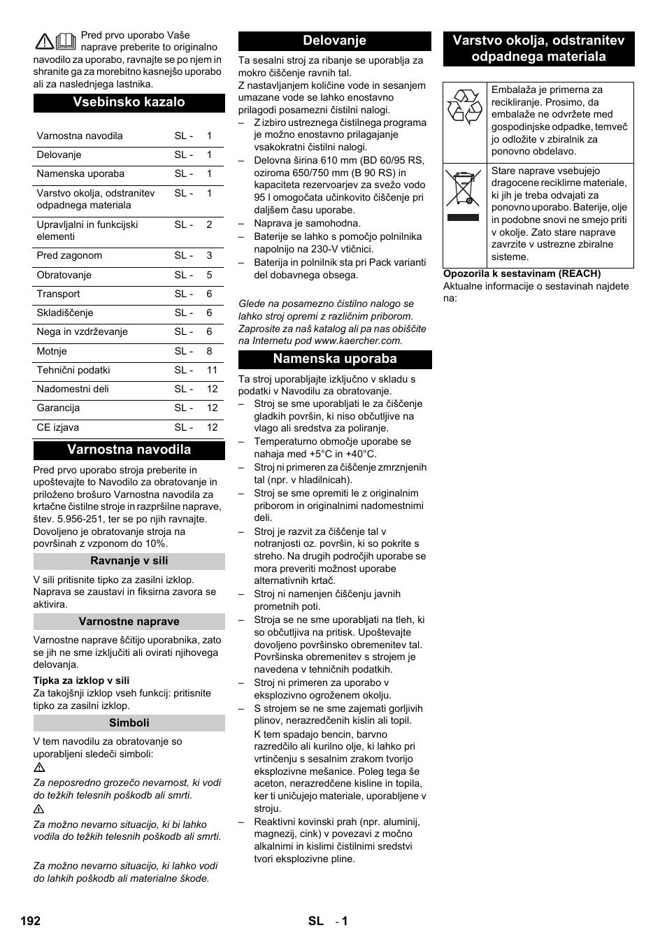 Vsebinsko kazalo, Varnostna navodila | Karcher B 95 RS Bp wet User Manual | Page 192 / 324