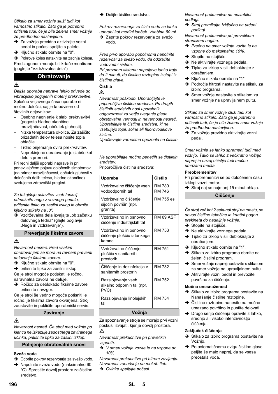 Obratovanje | Karcher B 95 RS Bp wet User Manual | Page 196 / 324