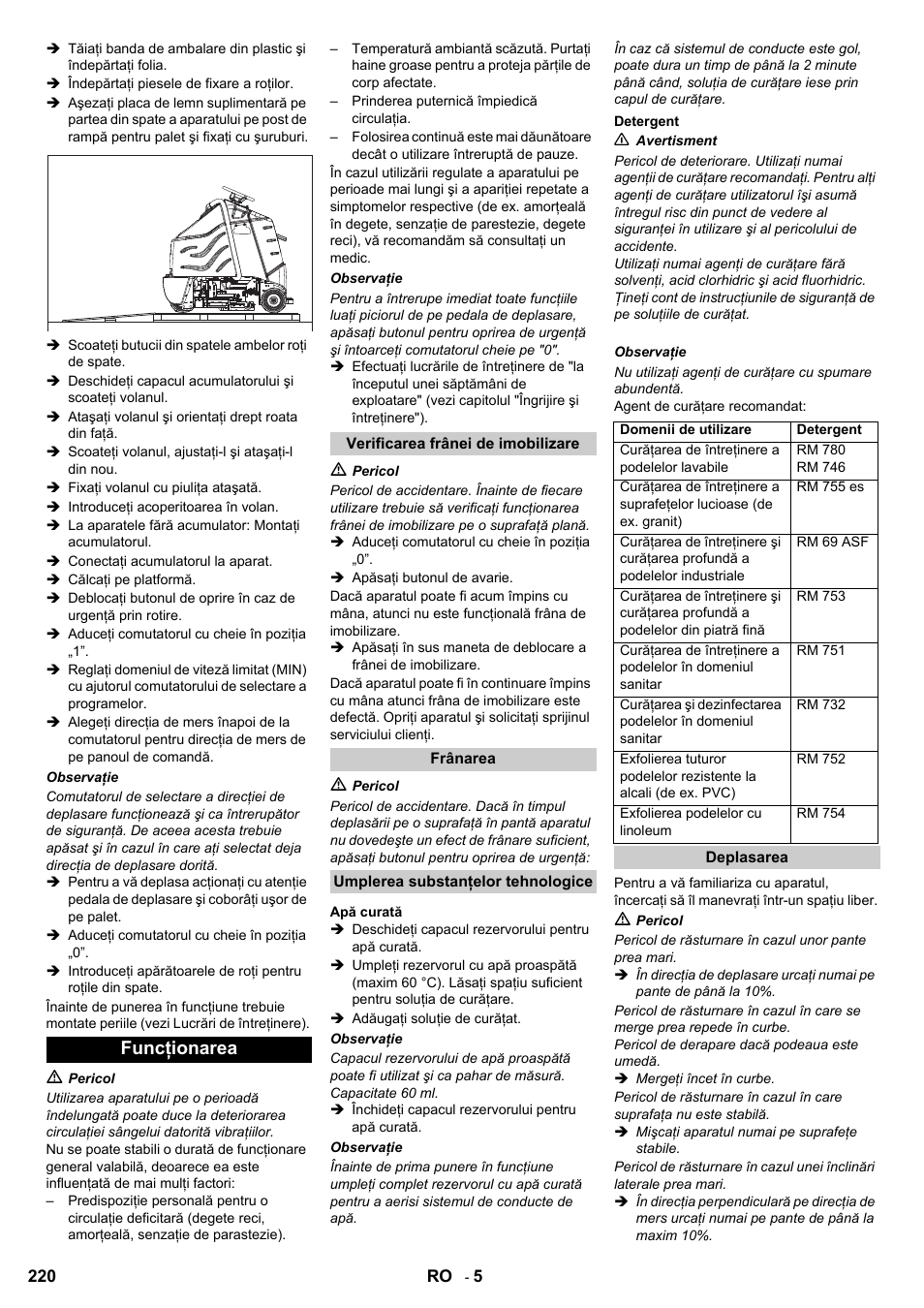 Funcţionarea | Karcher B 95 RS Bp wet User Manual | Page 220 / 324