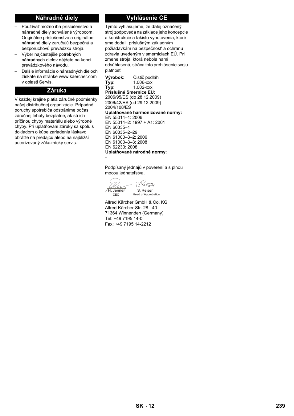 Náhradné diely záruka vyhlásenie ce | Karcher B 95 RS Bp wet User Manual | Page 239 / 324