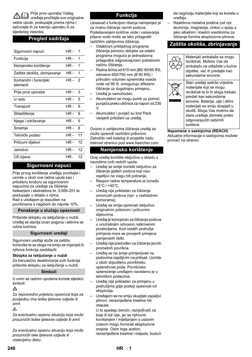 Pregled sadržaja, Sigurnosni napuci | Karcher B 95 RS Bp wet User Manual | Page 240 / 324