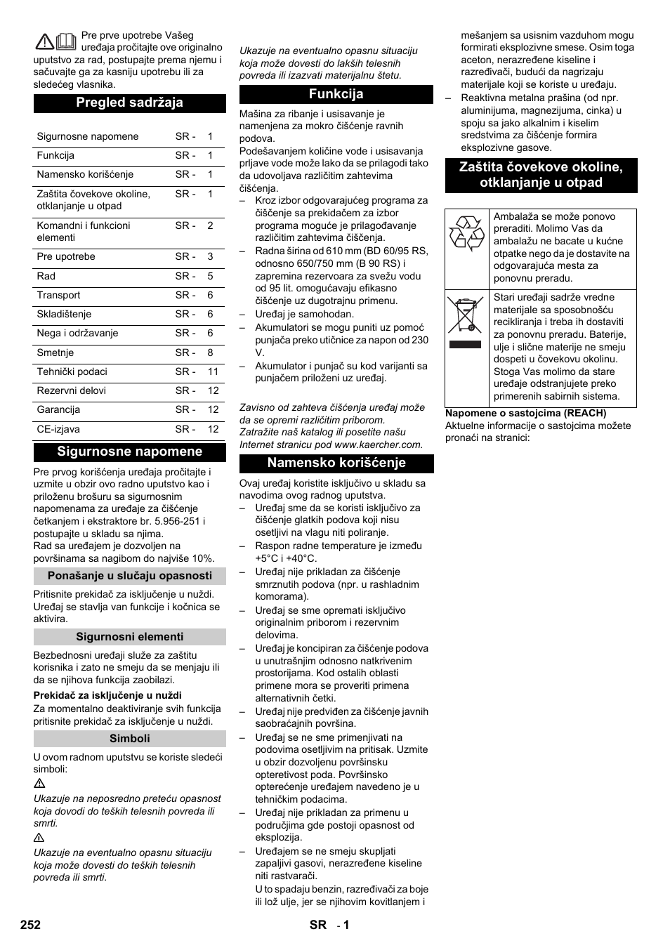 Pregled sadržaja, Sigurnosne napomene | Karcher B 95 RS Bp wet User Manual | Page 252 / 324