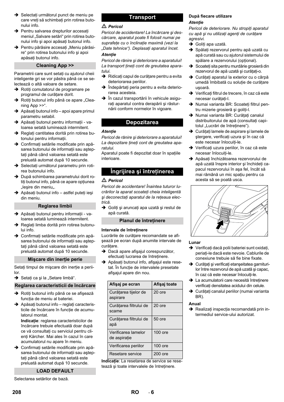 Transport depozitarea îngrijirea şi întreţinerea | Karcher B 60 W User Manual | Page 208 / 308