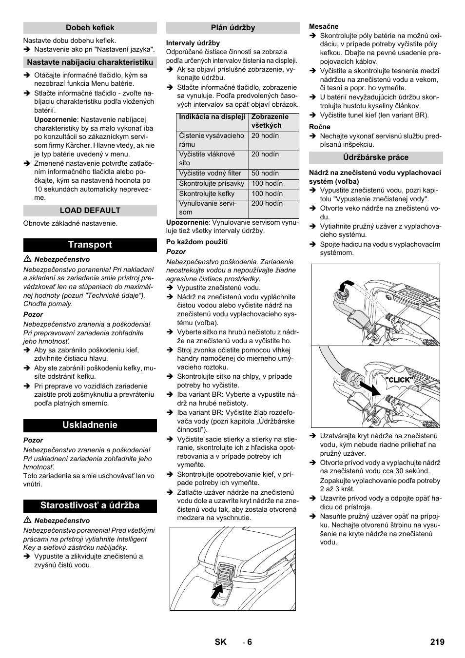 Transport uskladnenie starostlivosť a údržba | Karcher B 60 W User Manual | Page 219 / 308