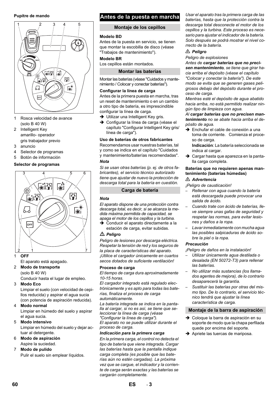 Antes de la puesta en marcha | Karcher B 60 W User Manual | Page 60 / 308