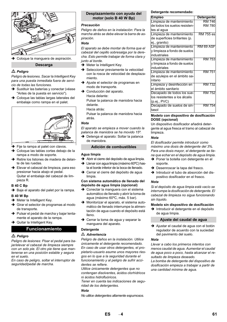 Funcionamiento | Karcher B 60 W User Manual | Page 61 / 308