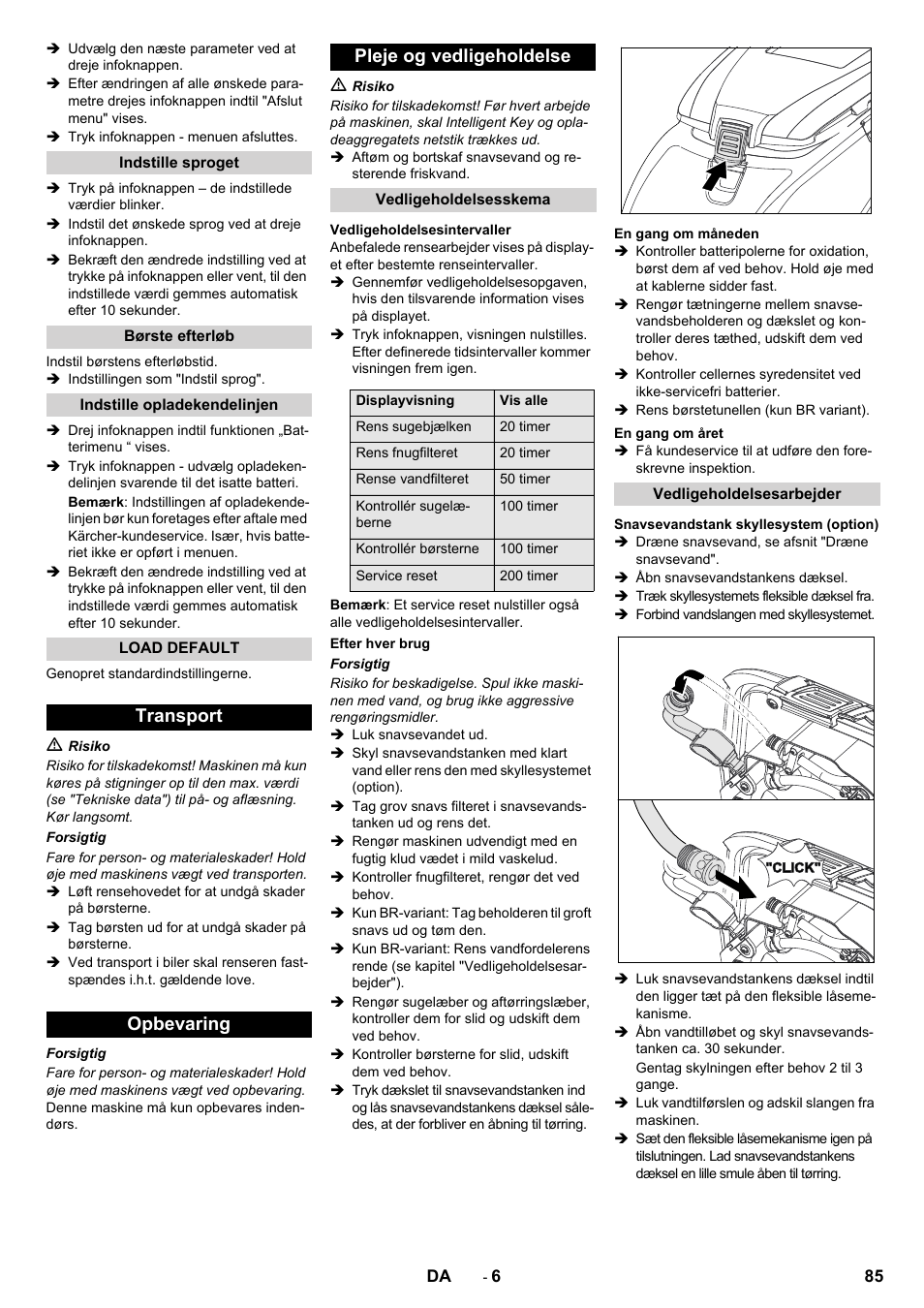 Transport opbevaring pleje og vedligeholdelse | Karcher B 60 W User Manual | Page 85 / 308