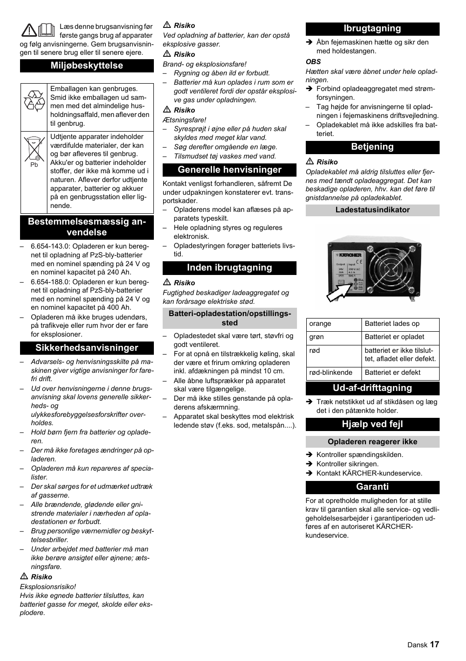 Miljøbeskyttelse, Generelle henvisninger inden ibrugtagning, Ibrugtagning betjening | Ud-af-drifttagning hjælp ved fejl, Garanti | Karcher KM 120-150 R Bp Pack User Manual | Page 17 / 36