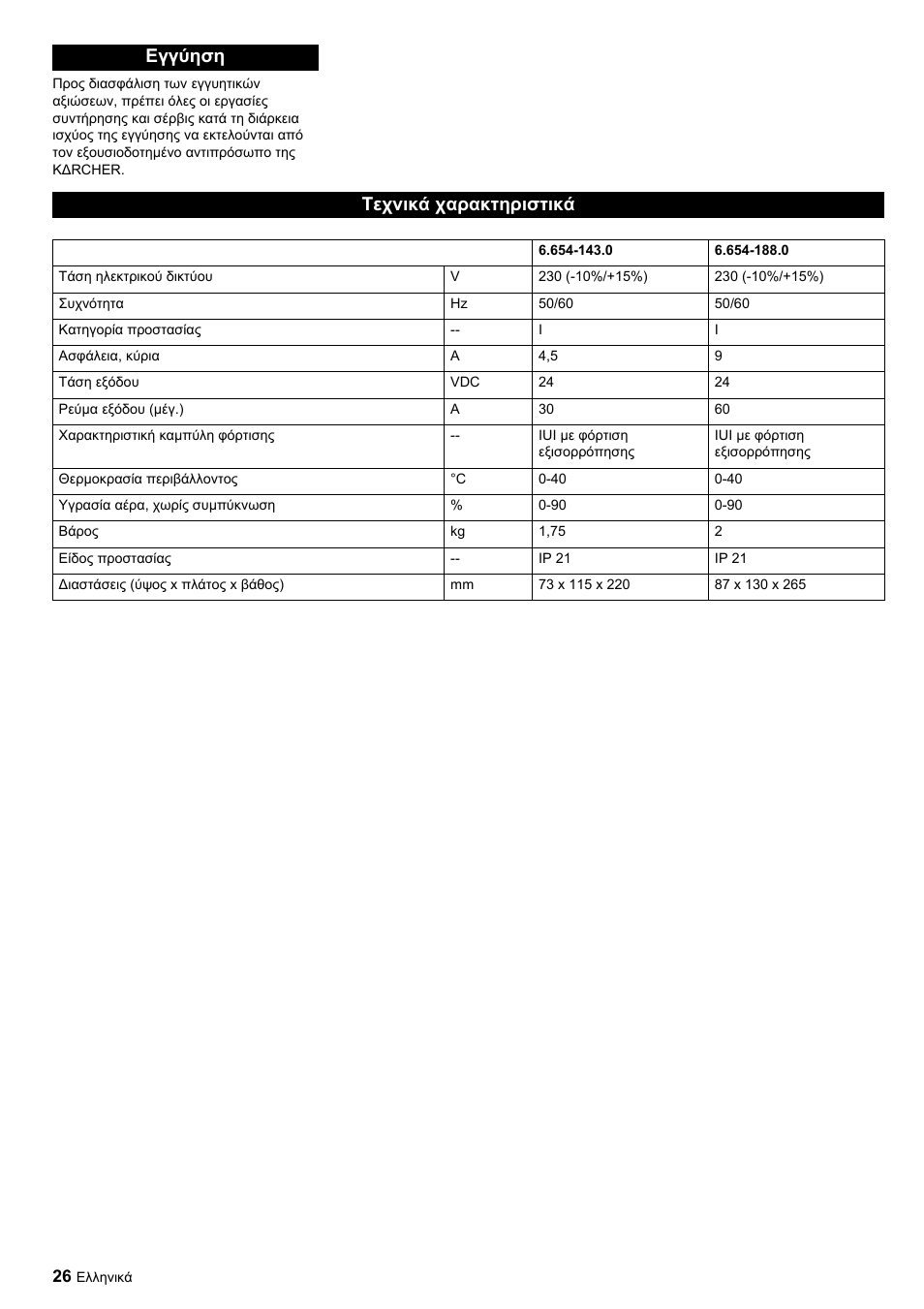 Εγγύηση τεχνικά χαρακτηριστικά | Karcher KM 120-150 R Bp Pack User Manual | Page 26 / 36