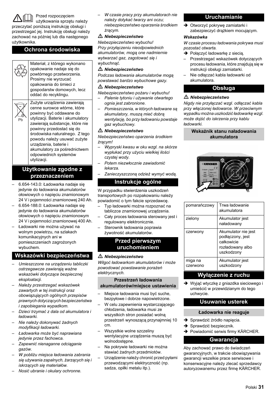 Ochrona środowiska, Instrukcje ogólne przed pierwszym uruchomieniem, Uruchamianie obsługa | Wyłączenie z ruchu usuwanie usterek, Gwarancja | Karcher KM 120-150 R Bp Pack User Manual | Page 31 / 36