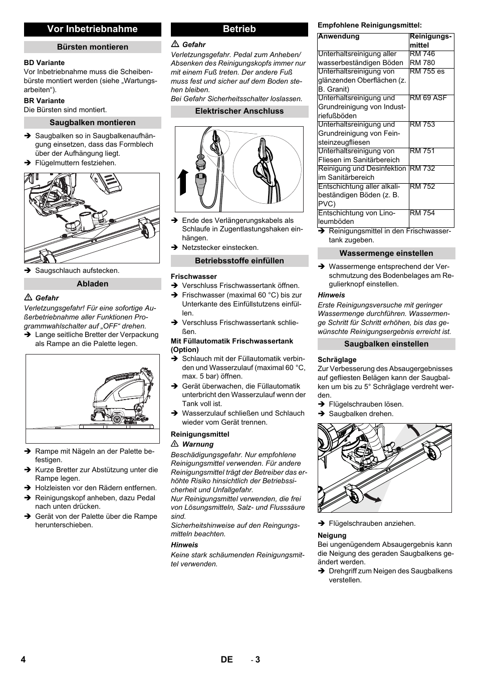 Vor inbetriebnahme, Betrieb | Karcher B 40 C Bp R 55 User Manual | Page 4 / 226