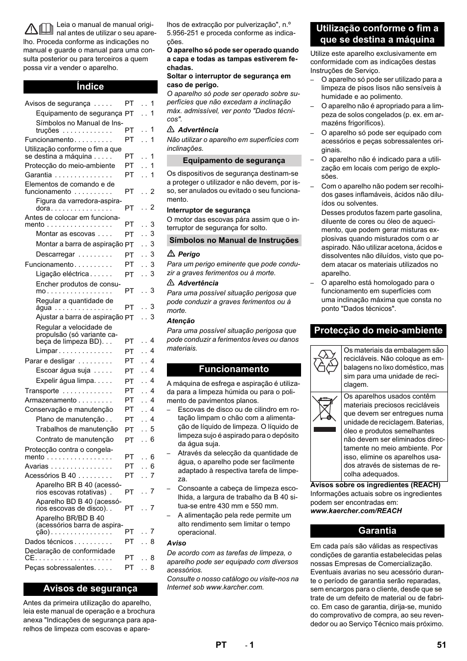 Português, Índice, Avisos de segurança | Garantia | Karcher B 40 C Bp R 55 User Manual | Page 51 / 226