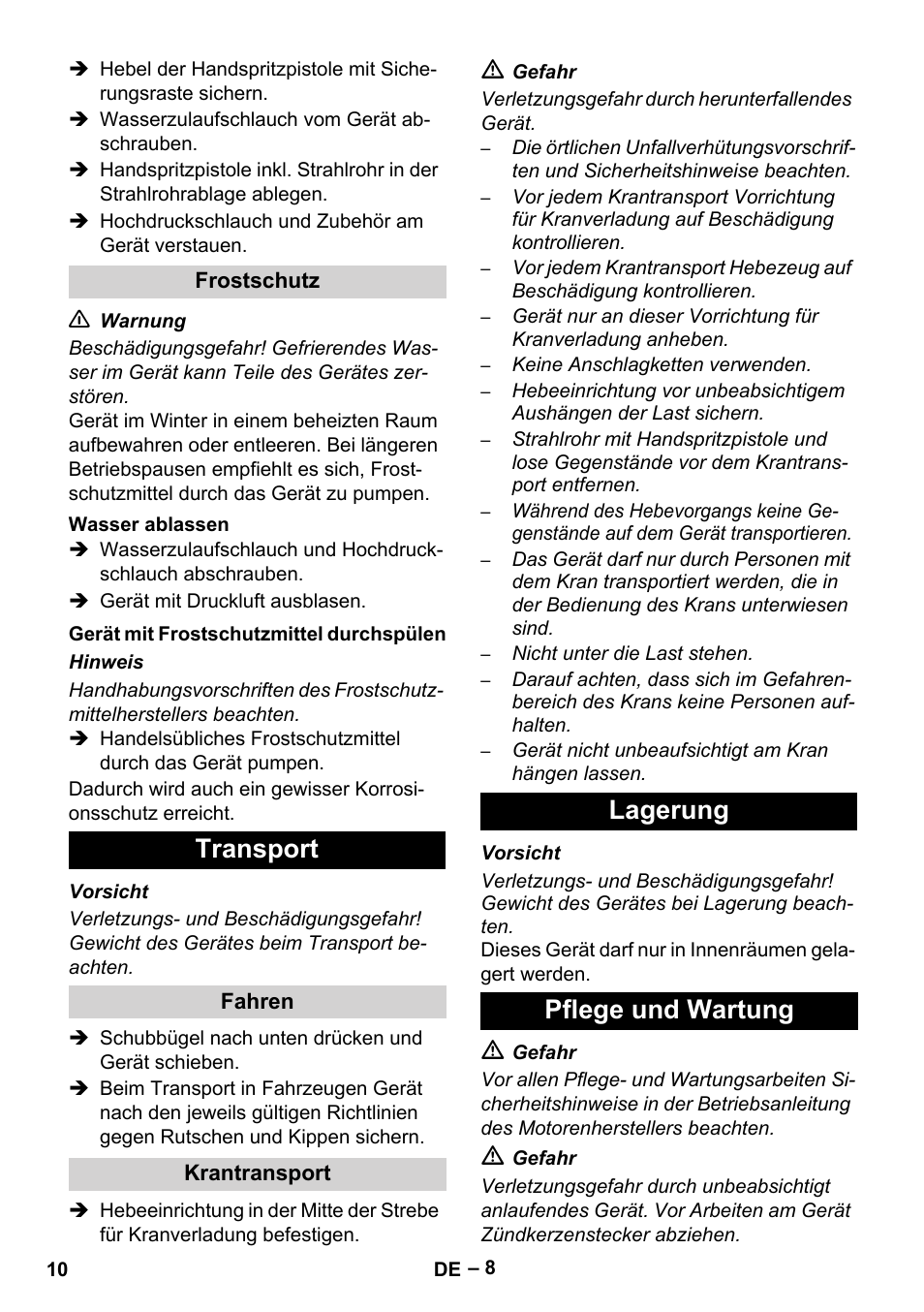 Transport, Lagerung pflege und wartung | Karcher HD 9-50 Pe User Manual | Page 10 / 346
