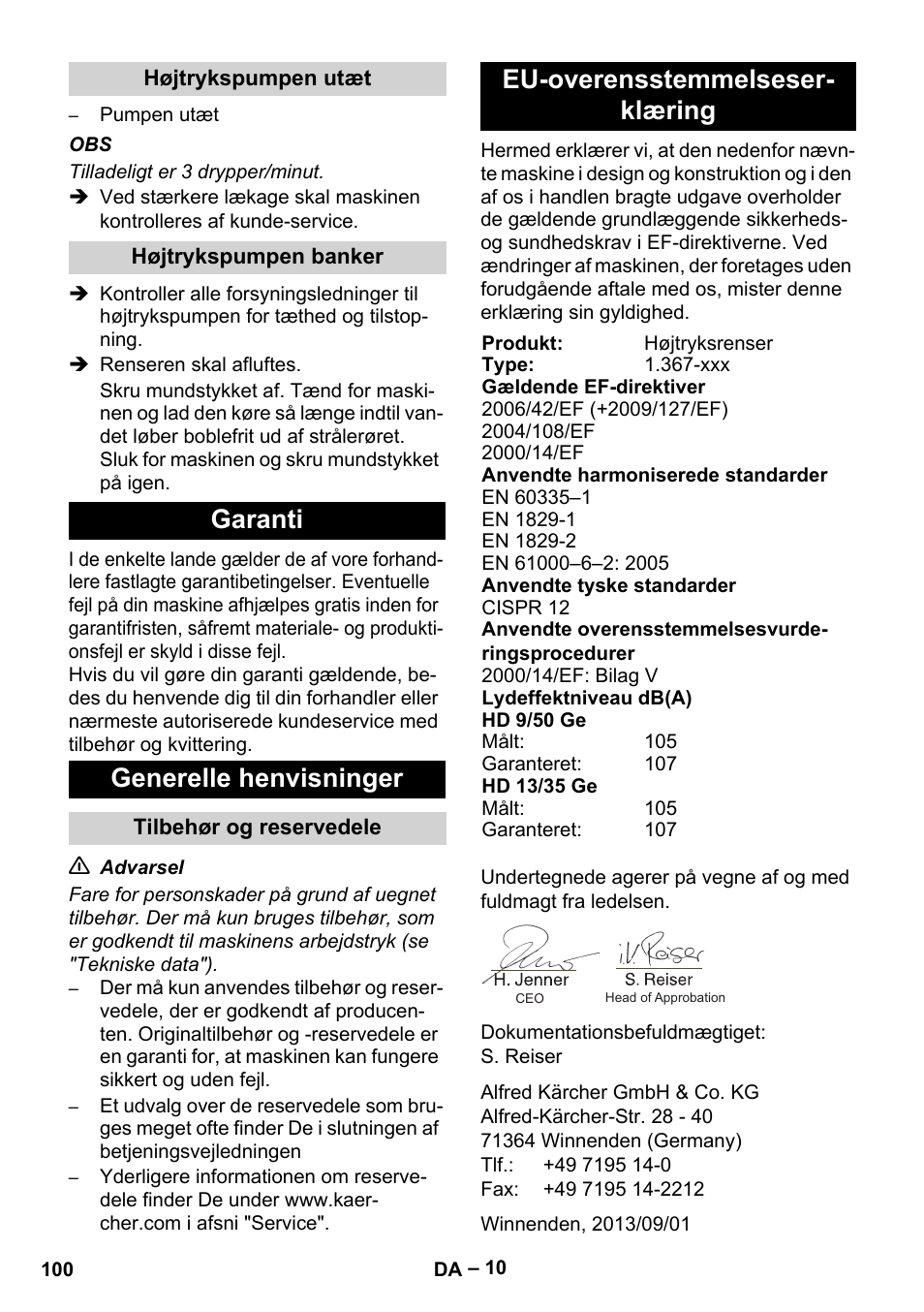 Garanti generelle henvisninger, Eu-overensstemmelseser- klæring | Karcher HD 9-50 Pe User Manual | Page 100 / 346