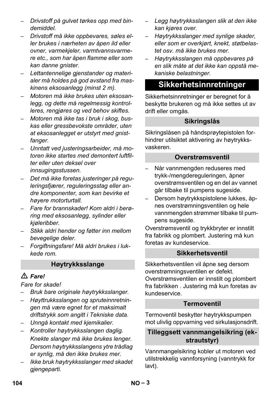 Sikkerhetsinnretninger | Karcher HD 9-50 Pe User Manual | Page 104 / 346