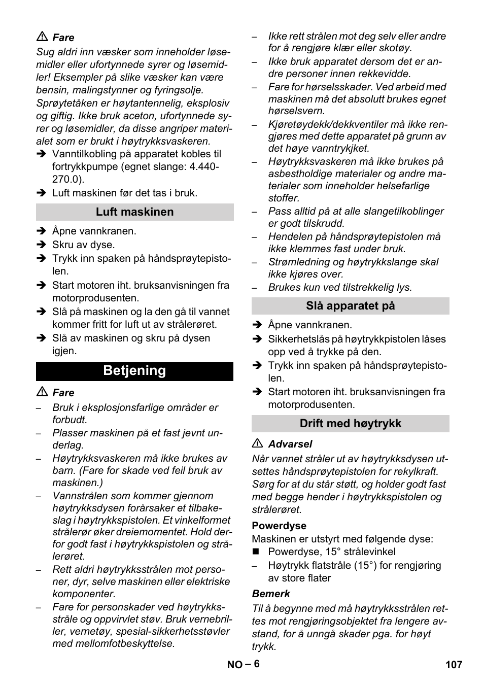 Betjening | Karcher HD 9-50 Pe User Manual | Page 107 / 346
