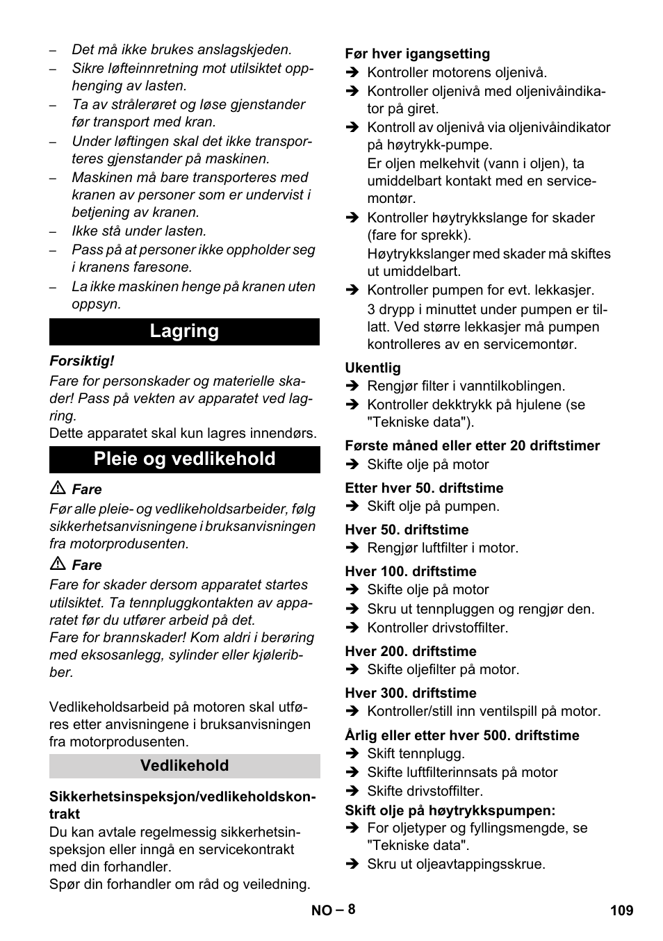 Lagring pleie og vedlikehold | Karcher HD 9-50 Pe User Manual | Page 109 / 346