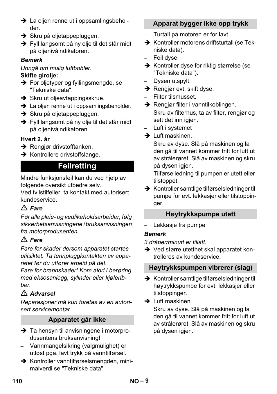 Feilretting | Karcher HD 9-50 Pe User Manual | Page 110 / 346