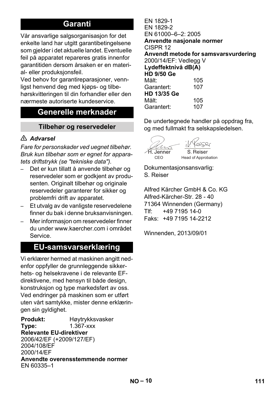 Garanti generelle merknader, Eu-samsvarserklæring | Karcher HD 9-50 Pe User Manual | Page 111 / 346