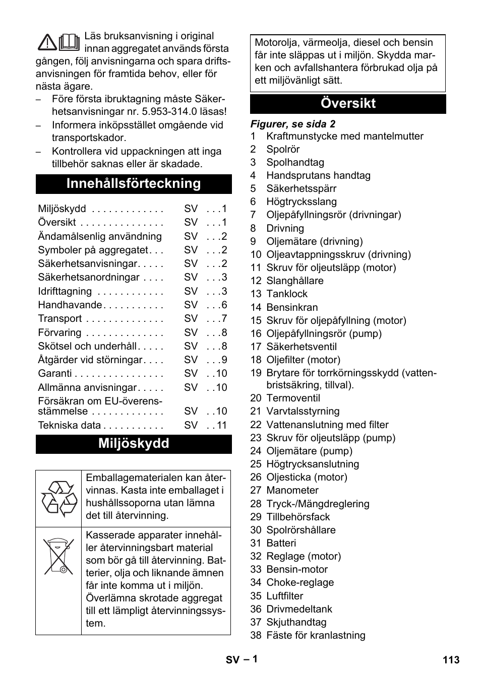Svenska, Innehållsförteckning, Miljöskydd | Översikt | Karcher HD 9-50 Pe User Manual | Page 113 / 346