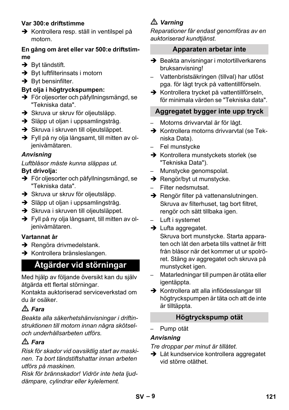 Åtgärder vid störningar | Karcher HD 9-50 Pe User Manual | Page 121 / 346