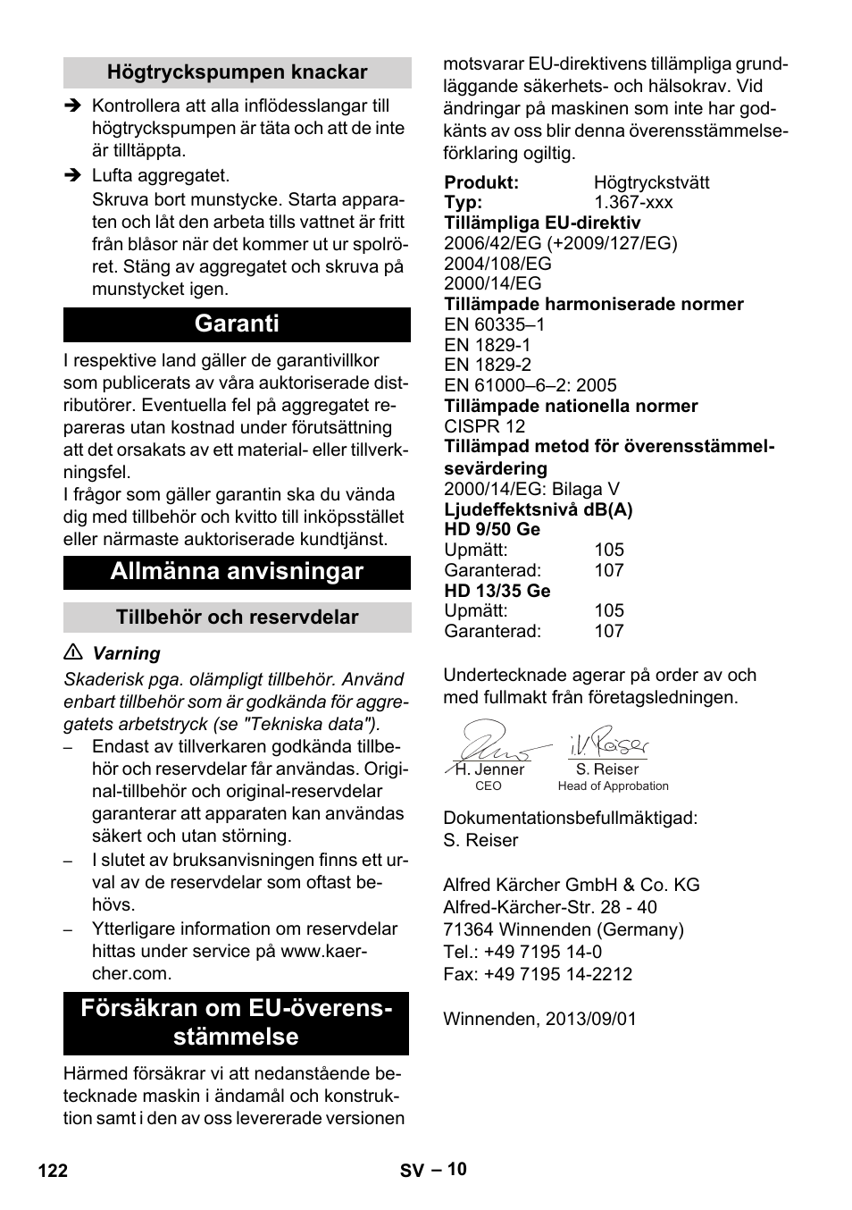 Garanti allmänna anvisningar, Försäkran om eu-överens- stämmelse | Karcher HD 9-50 Pe User Manual | Page 122 / 346