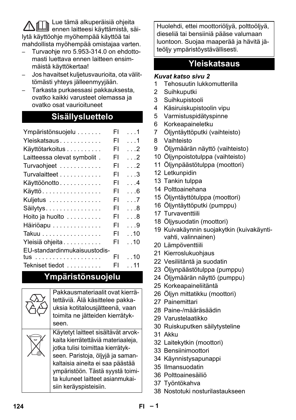 Suomi, Sisällysluettelo, Ympäristönsuojelu | Yleiskatsaus | Karcher HD 9-50 Pe User Manual | Page 124 / 346