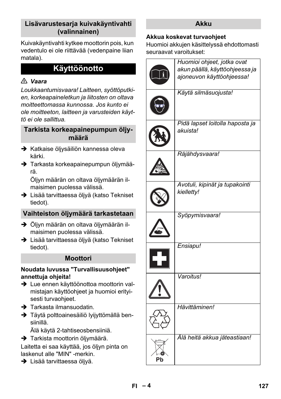 Käyttöönotto | Karcher HD 9-50 Pe User Manual | Page 127 / 346