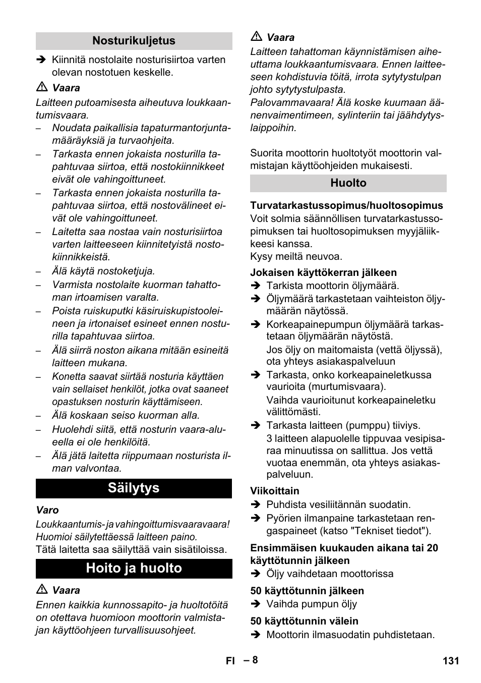 Säilytys hoito ja huolto | Karcher HD 9-50 Pe User Manual | Page 131 / 346