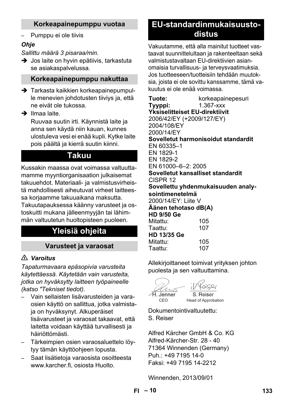 Takuu yleisiä ohjeita, Eu-standardinmukaisuusto- distus | Karcher HD 9-50 Pe User Manual | Page 133 / 346