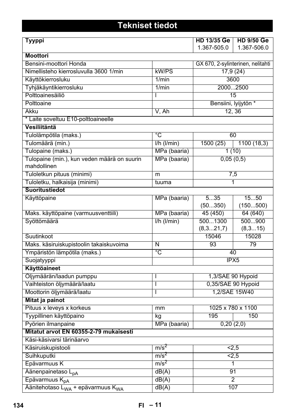 Tekniset tiedot | Karcher HD 9-50 Pe User Manual | Page 134 / 346