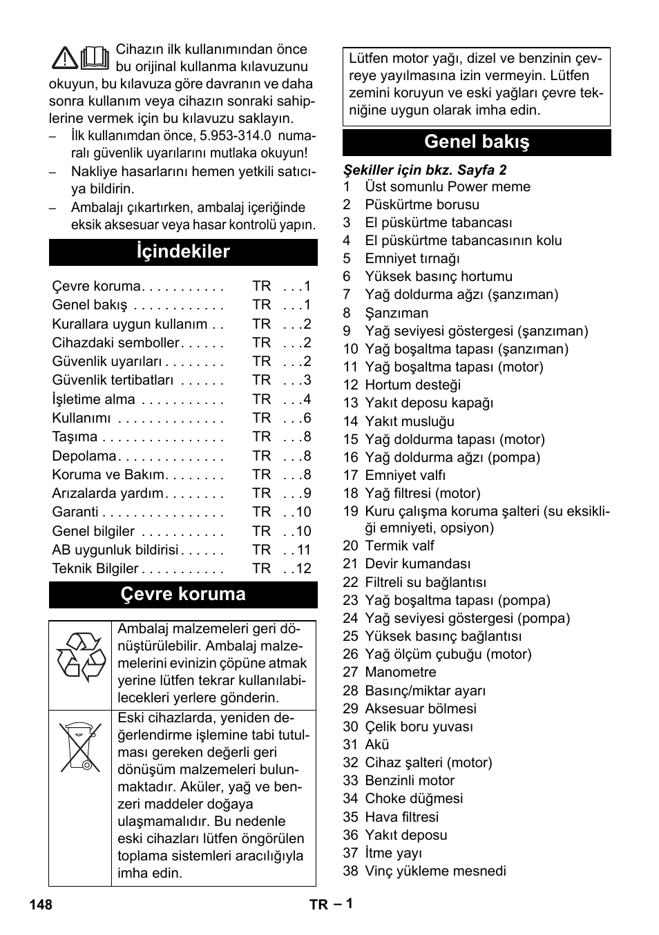 Türkçe, Içindekiler, Çevre koruma | Genel bakış | Karcher HD 9-50 Pe User Manual | Page 148 / 346