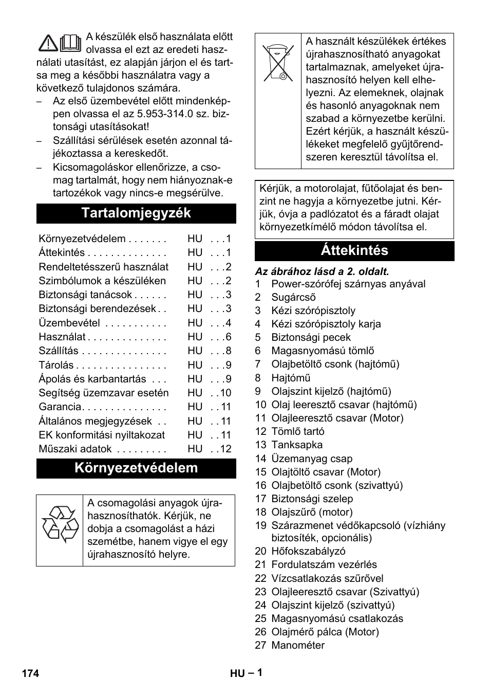 Magyar, Tartalomjegyzék, Környezetvédelem | Áttekintés | Karcher HD 9-50 Pe User Manual | Page 174 / 346