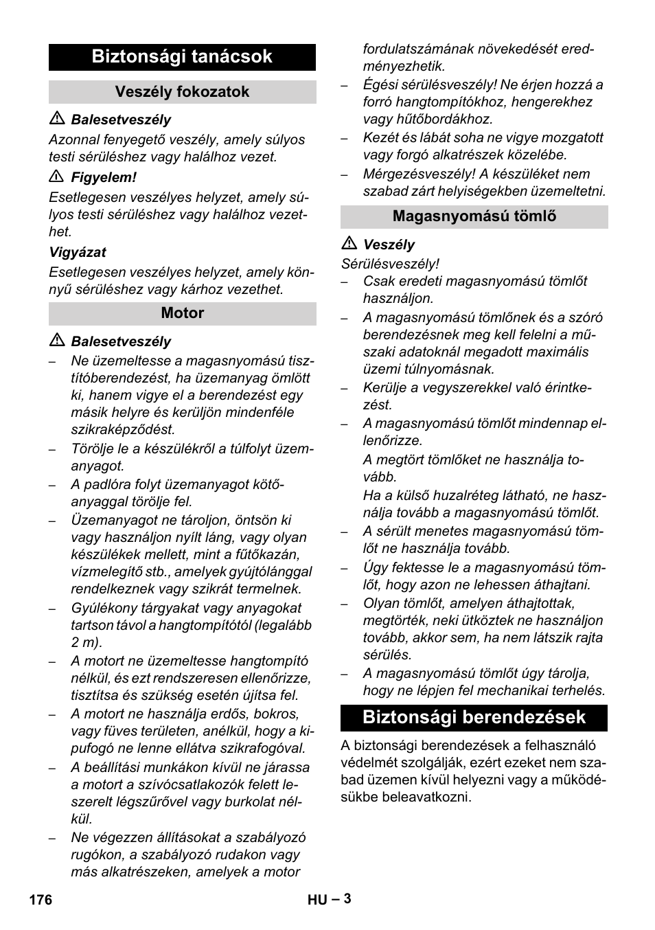 Biztonsági tanácsok, Biztonsági berendezések | Karcher HD 9-50 Pe User Manual | Page 176 / 346