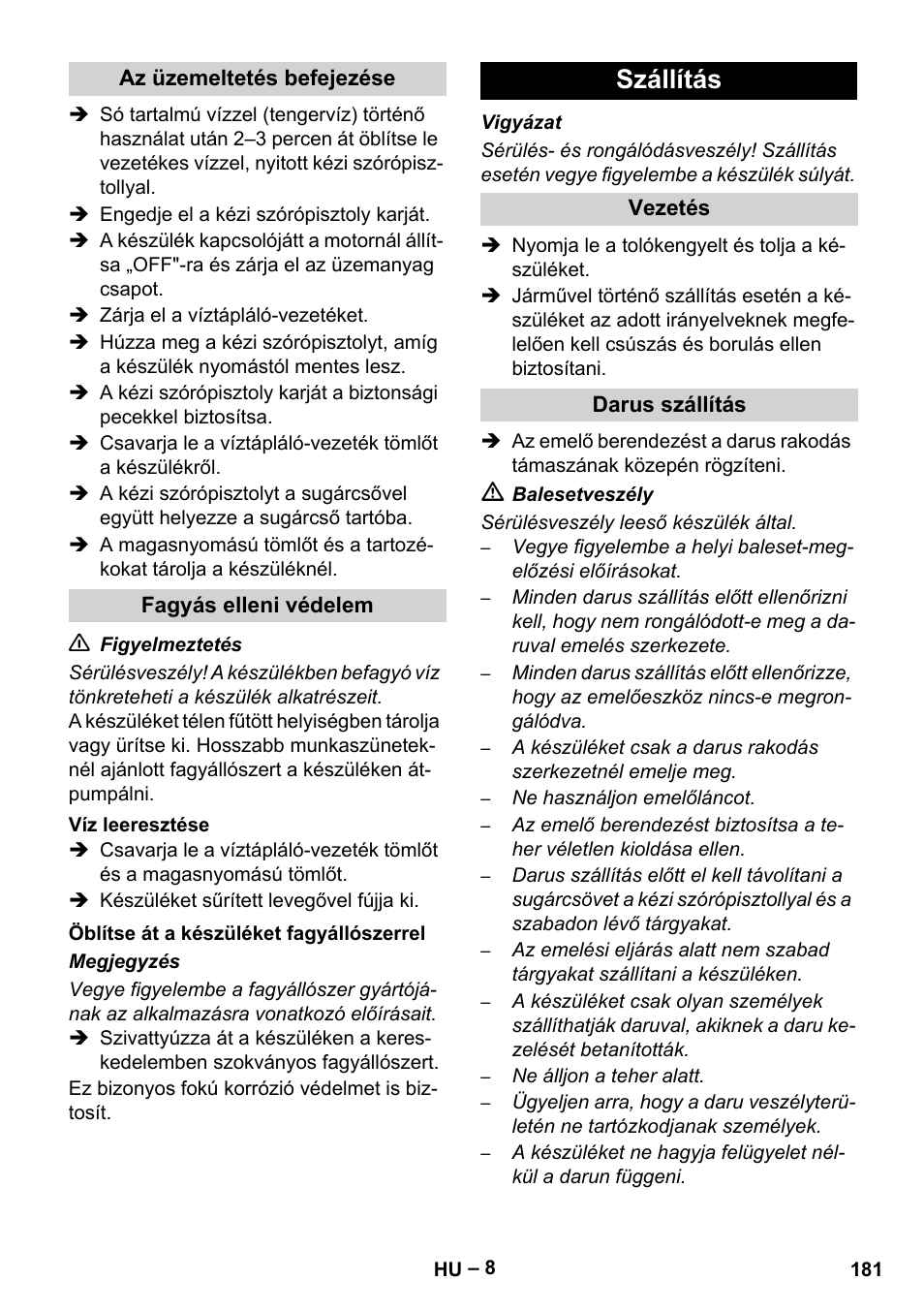 Szállítás | Karcher HD 9-50 Pe User Manual | Page 181 / 346