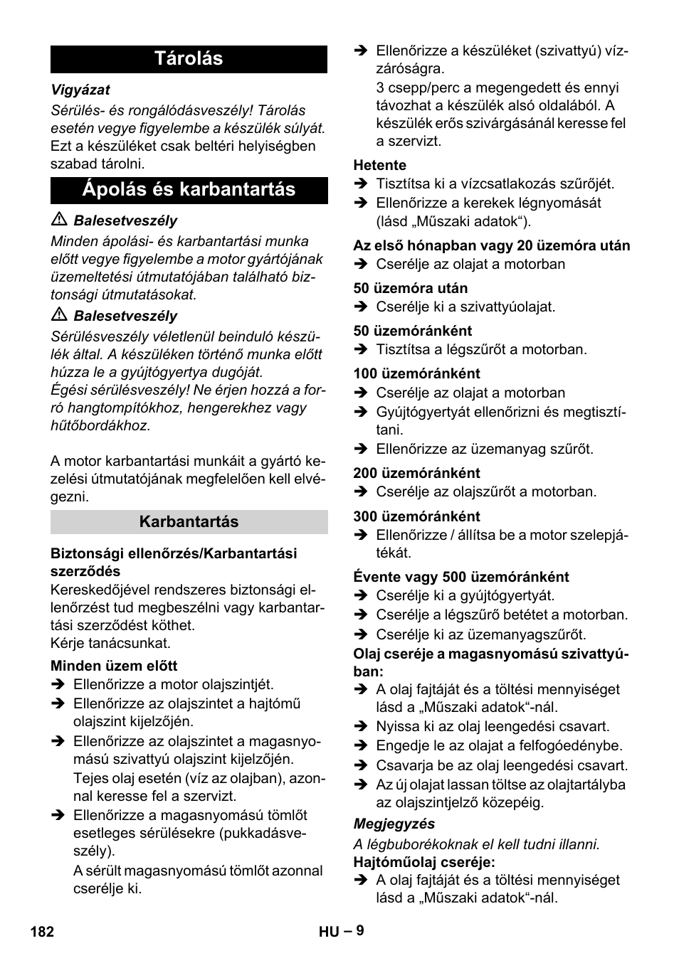 Tárolás ápolás és karbantartás | Karcher HD 9-50 Pe User Manual | Page 182 / 346