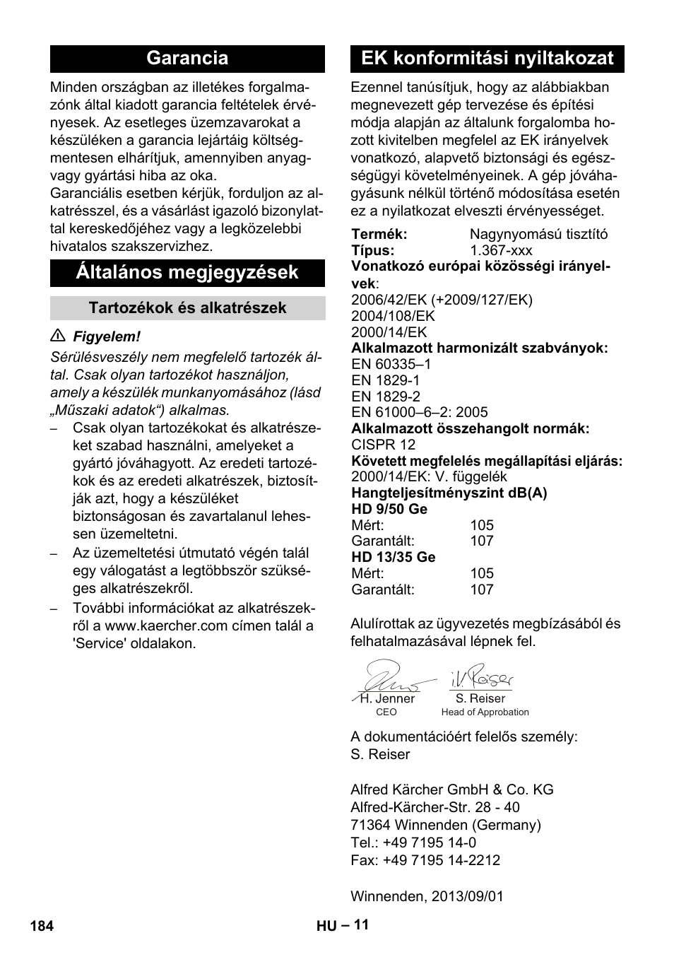 Garancia általános megjegyzések, Ek konformitási nyiltakozat | Karcher HD 9-50 Pe User Manual | Page 184 / 346