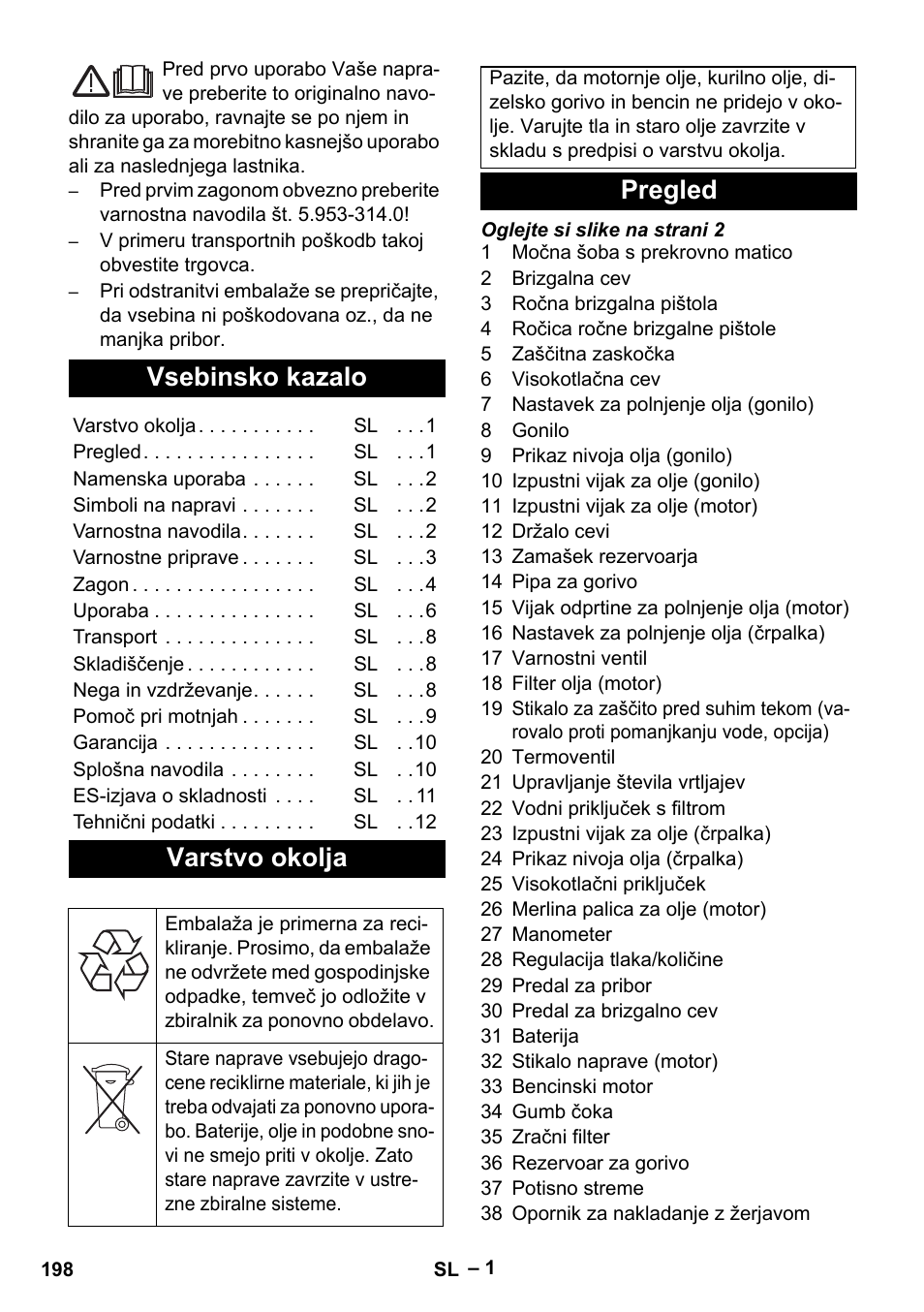 Slovenščina, Vsebinsko kazalo, Varstvo okolja | Pregled | Karcher HD 9-50 Pe User Manual | Page 198 / 346