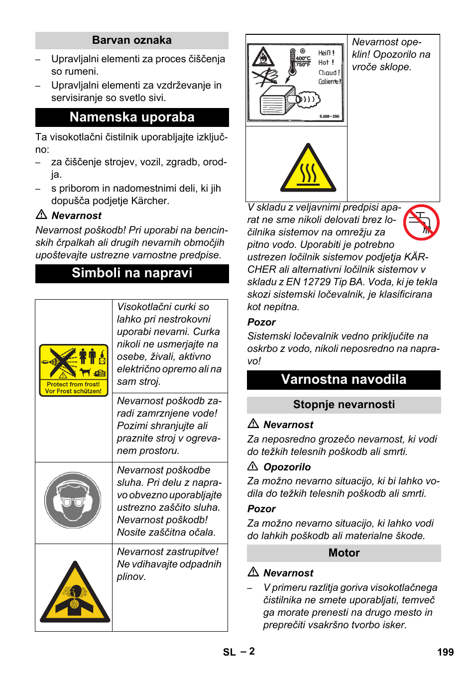 Namenska uporaba simboli na napravi, Varnostna navodila | Karcher HD 9-50 Pe User Manual | Page 199 / 346