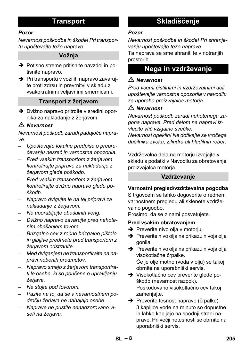 Transport, Skladiščenje nega in vzdrževanje | Karcher HD 9-50 Pe User Manual | Page 205 / 346
