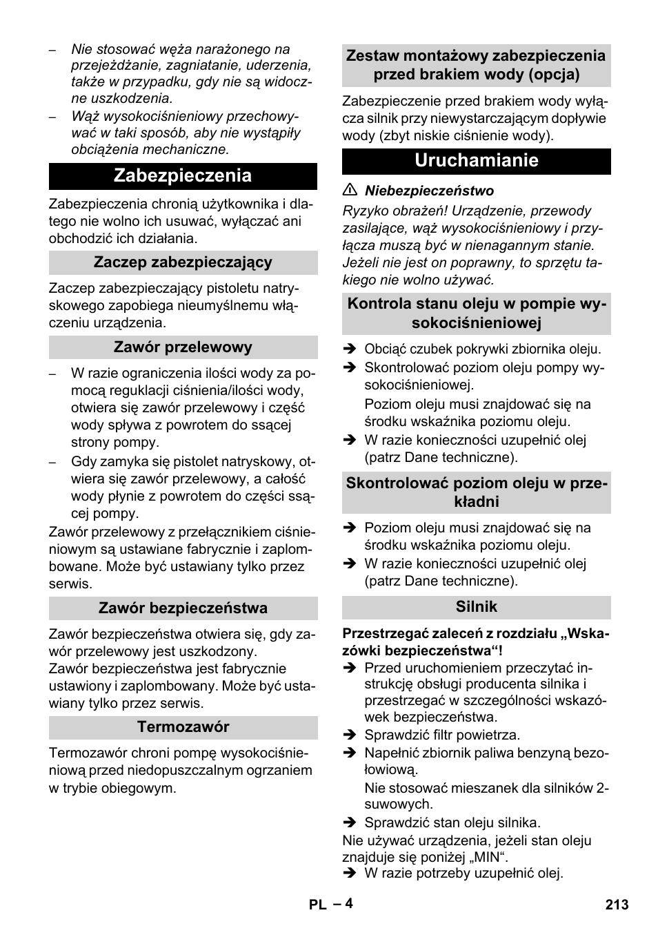 Zabezpieczenia, Uruchamianie | Karcher HD 9-50 Pe User Manual | Page 213 / 346