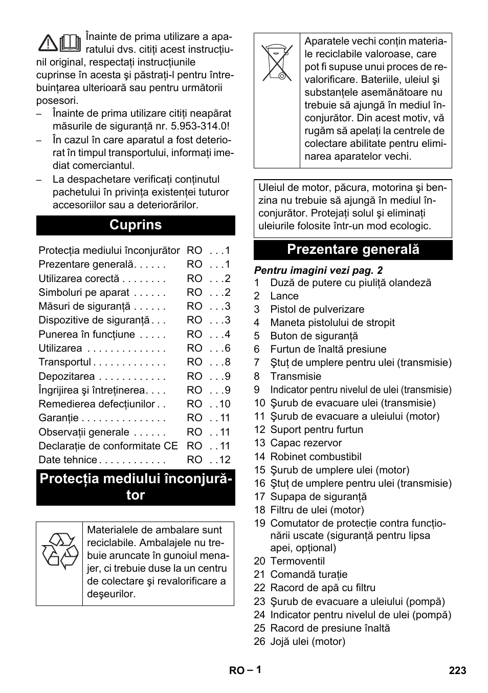 Româneşte, Cuprins, Protecţia mediului înconjură- tor | Prezentare generală | Karcher HD 9-50 Pe User Manual | Page 223 / 346