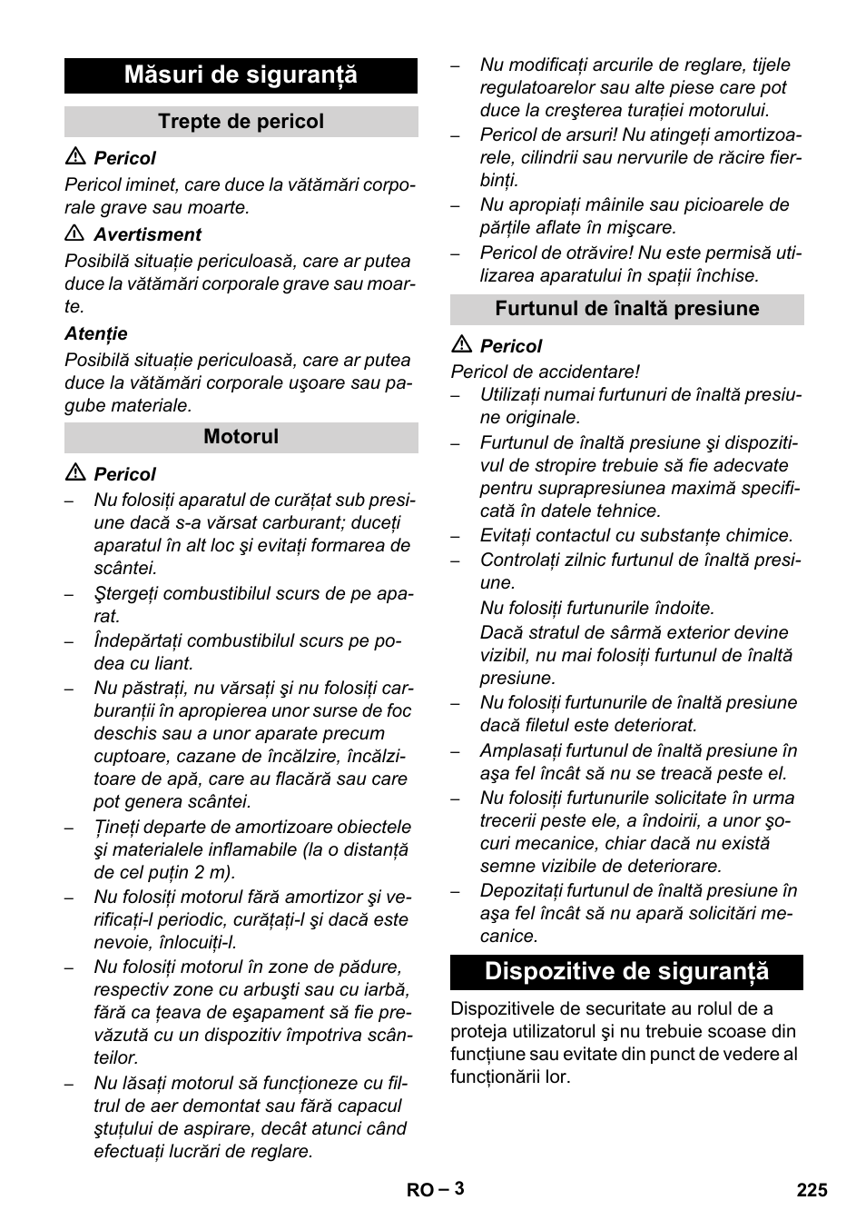 Măsuri de siguranţă, Dispozitive de siguranţă | Karcher HD 9-50 Pe User Manual | Page 225 / 346