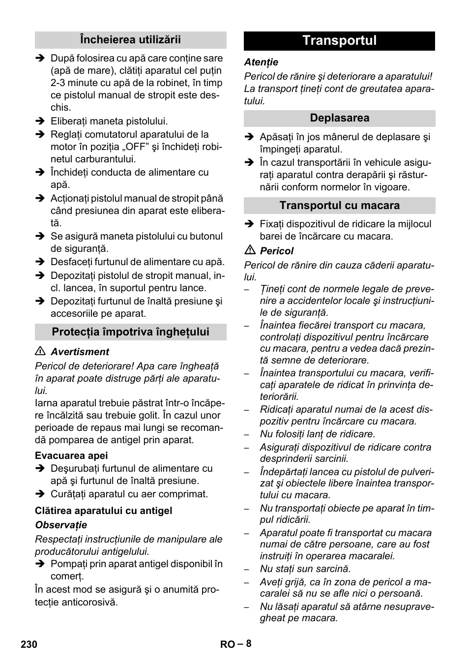 Transportul | Karcher HD 9-50 Pe User Manual | Page 230 / 346