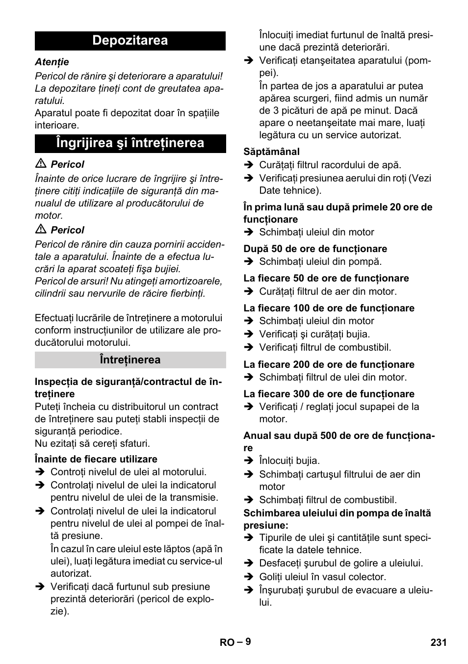 Depozitarea îngrijirea şi întreţinerea | Karcher HD 9-50 Pe User Manual | Page 231 / 346