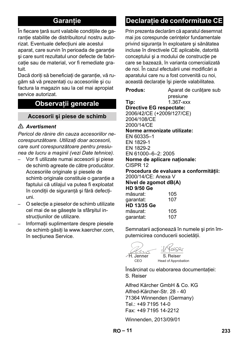 Garanţie observaţii generale, Declaraţie de conformitate ce | Karcher HD 9-50 Pe User Manual | Page 233 / 346