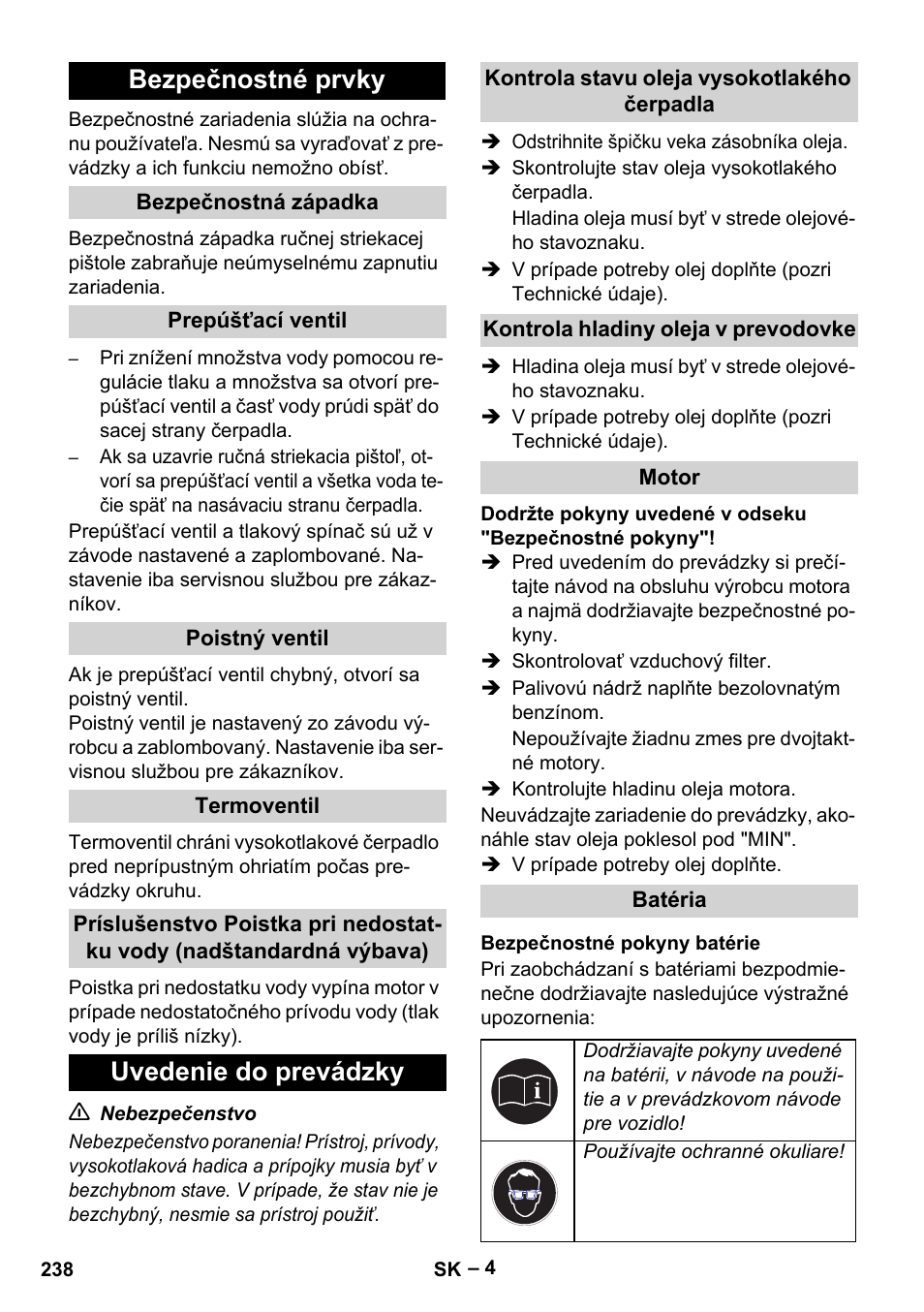 Bezpečnostné prvky, Uvedenie do prevádzky | Karcher HD 9-50 Pe User Manual | Page 238 / 346