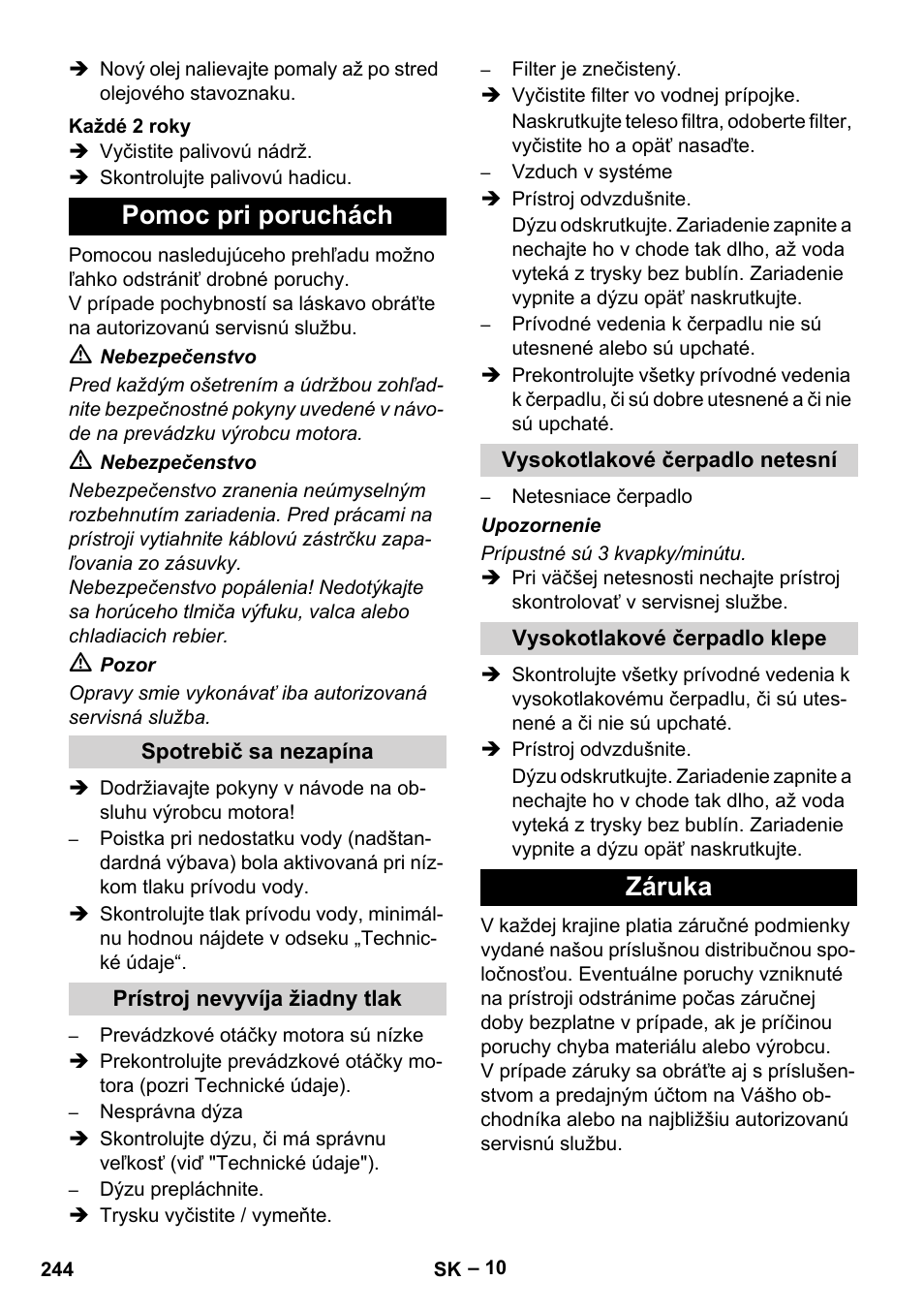 Pomoc pri poruchách, Záruka | Karcher HD 9-50 Pe User Manual | Page 244 / 346